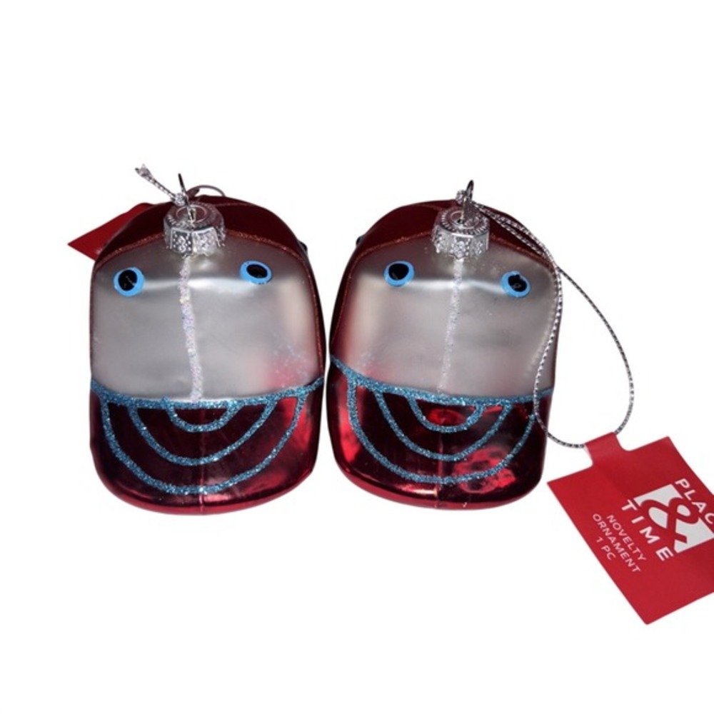 Place & Time‎ Baseball Cap Glass Christmas Ornaments Red Silver Glitter Set of 2
